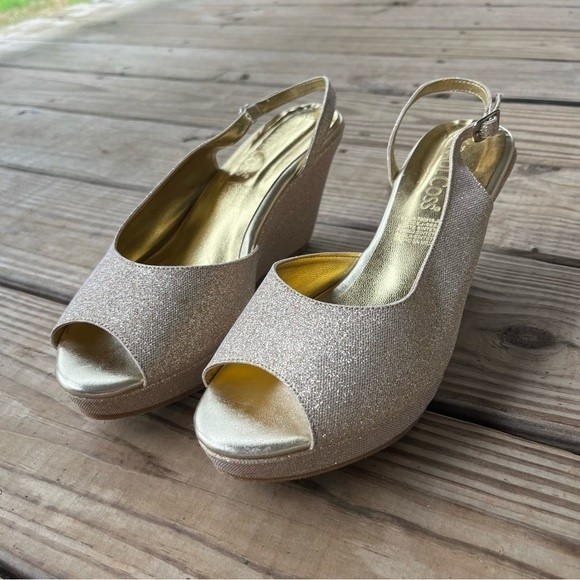 Glitter Gold Wedges Platforms Open toe Back strap - Picture 1 of 7